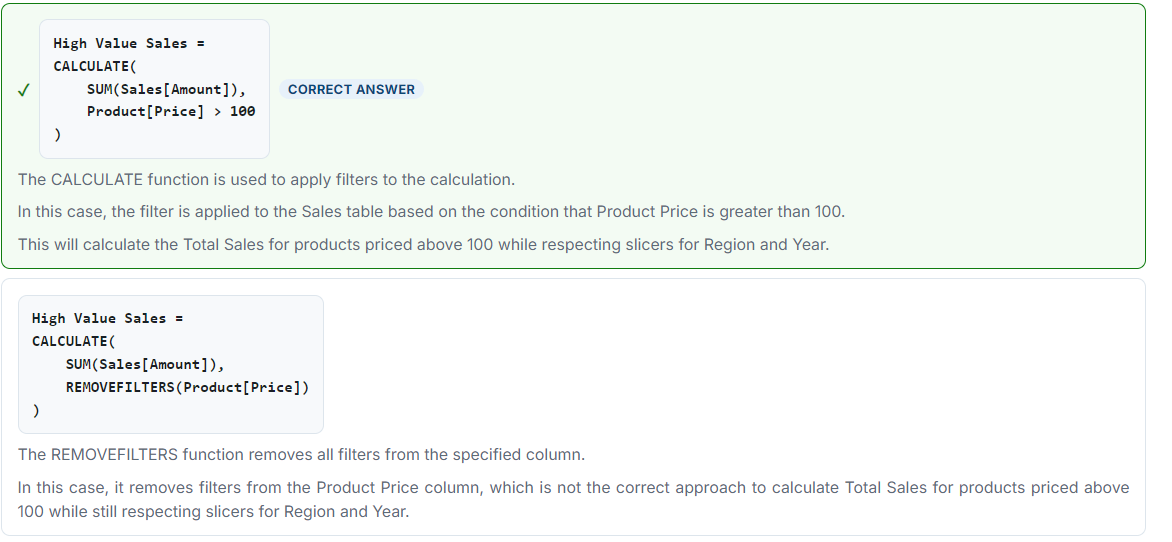 A DAX CALCULATE practice question with the correct answer explained line by line
