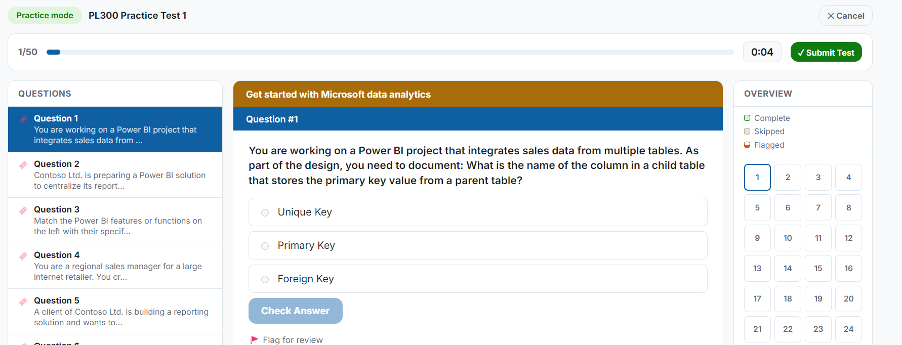 The full test-taking view with question sidebar, live progress, and answer overview
