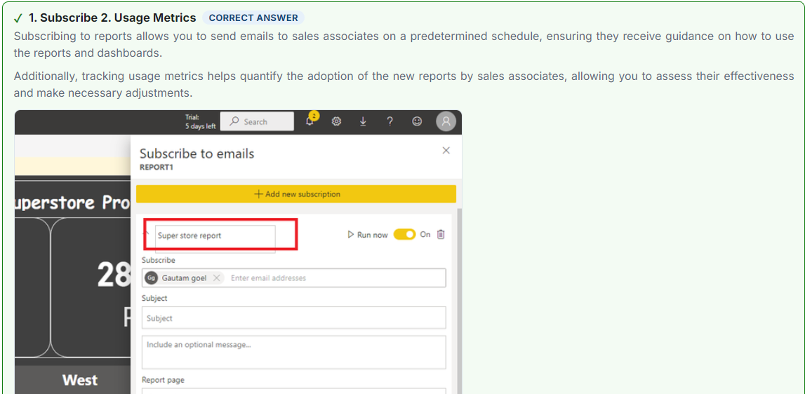 A real Power BI service screenshot embedded inside an explanation