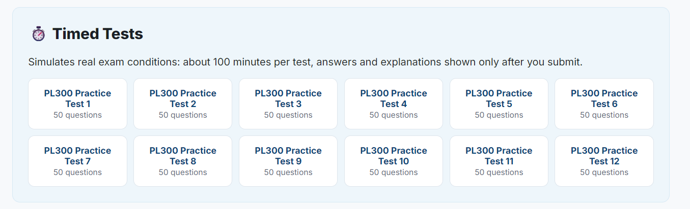 Grid of 12 Timed Tests simulating real exam conditions