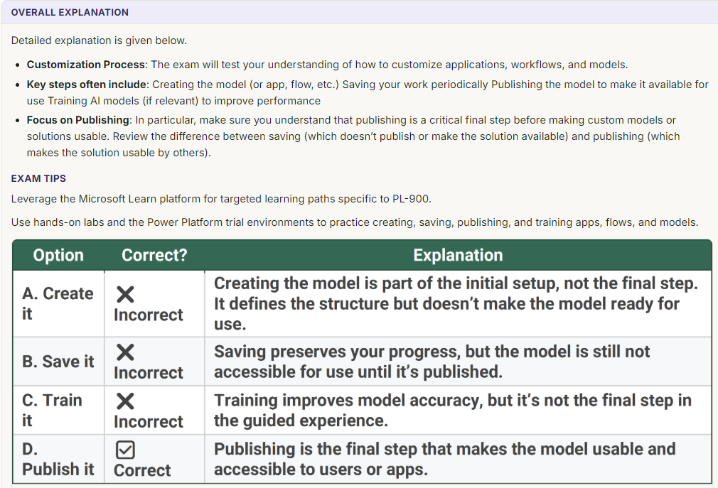 A table explaining why every option is correct or incorrect