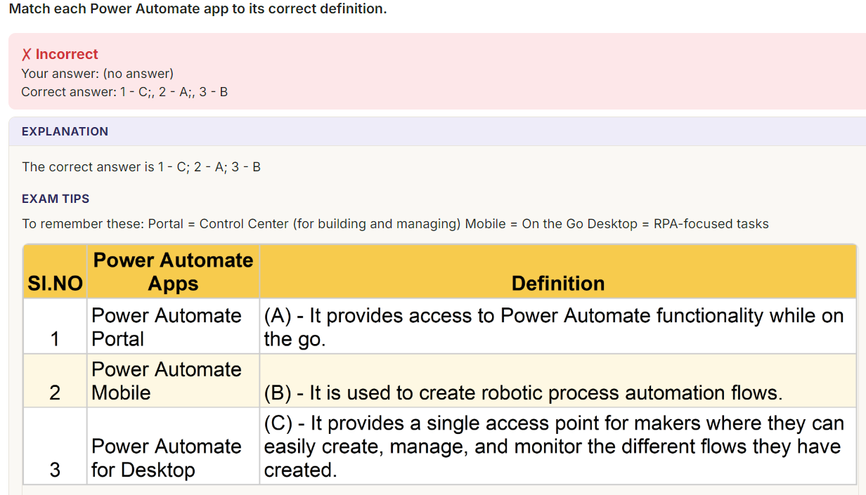 Exam tips and a formatted answer table inside a matching-style question