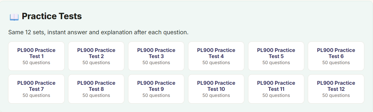 Grid of 12 Practice Tests with an instant explanation after each question