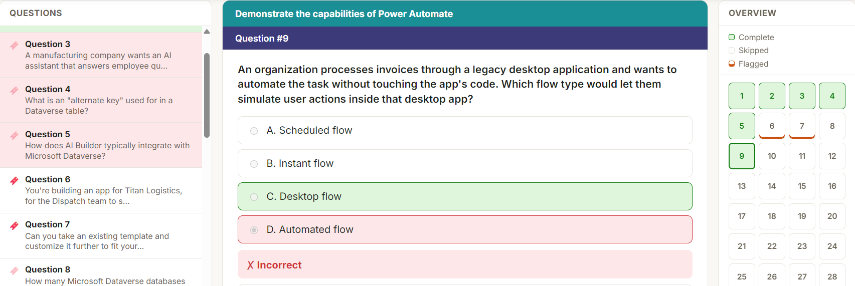 The full test-taking view with question sidebar, live progress, and answer overview